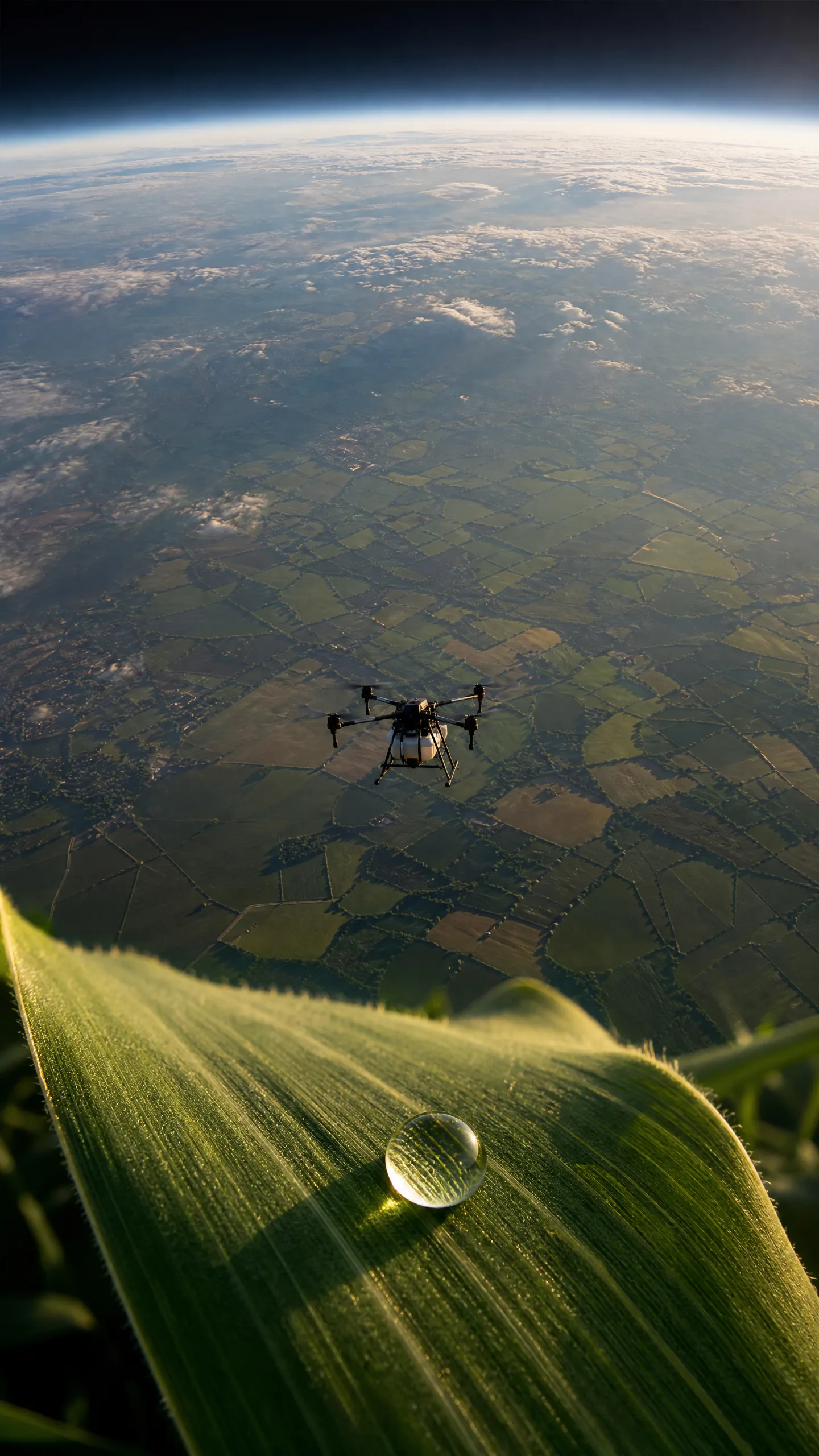 Uzaydan uydu görünümünden drone irtifasına, oradan tek bir yaprak detayına kesintisiz bir yakınlaşma